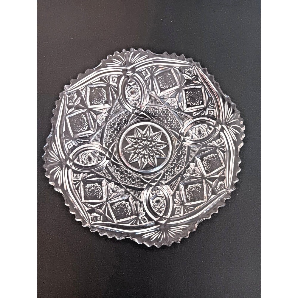 Vintage Pressed Glass Serving Bowl Starburst Sawtooth Edge Clear 9.5" Dish